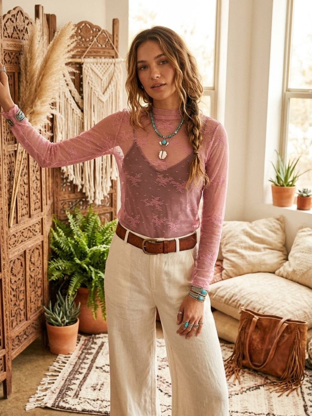 aerie Pink Sheer Lace Long-Sleeve Top small Layers Stretch
